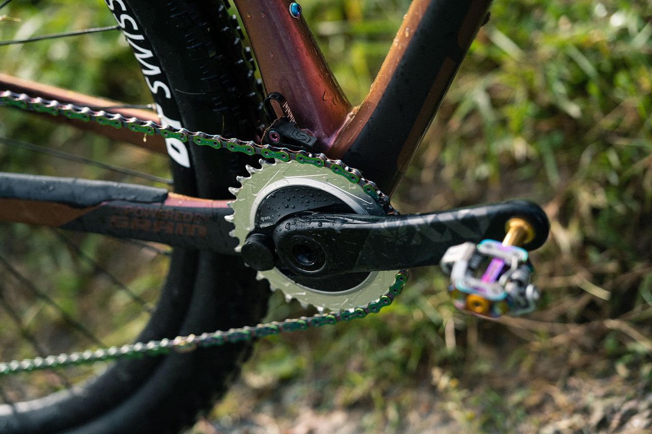 Oil slick finish and titanium axles for Kate's German sourced HT M1T pedals