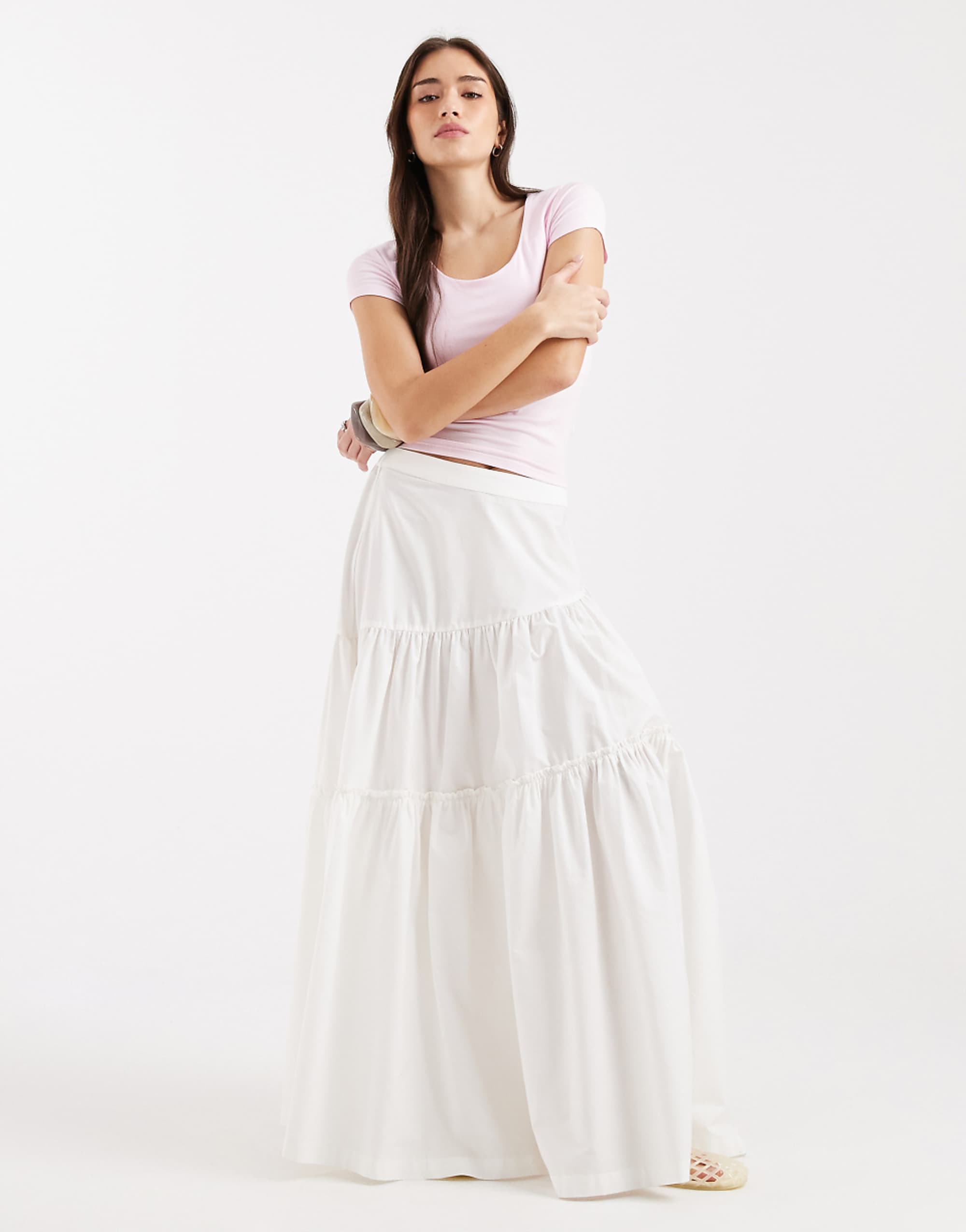 Asos Design Asymmetric Tiered Boho Maxi Skirt in White