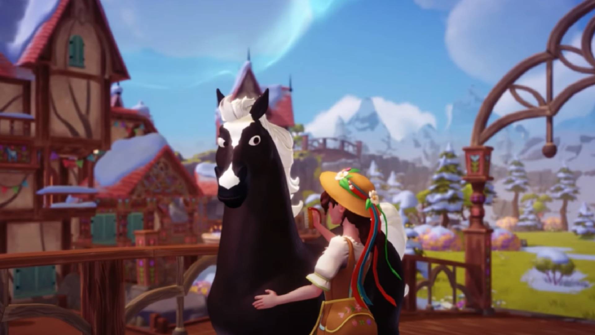 Horse and player in Wishbloom Ranch in Disney Dreamlight Valley trailer