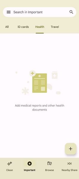 Google Files' new "Important" tab which will house its scanned documents and images.