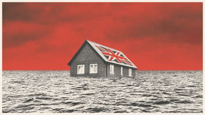 Illustration of a home with a Union Jack flag on the roof peeking above flood waters