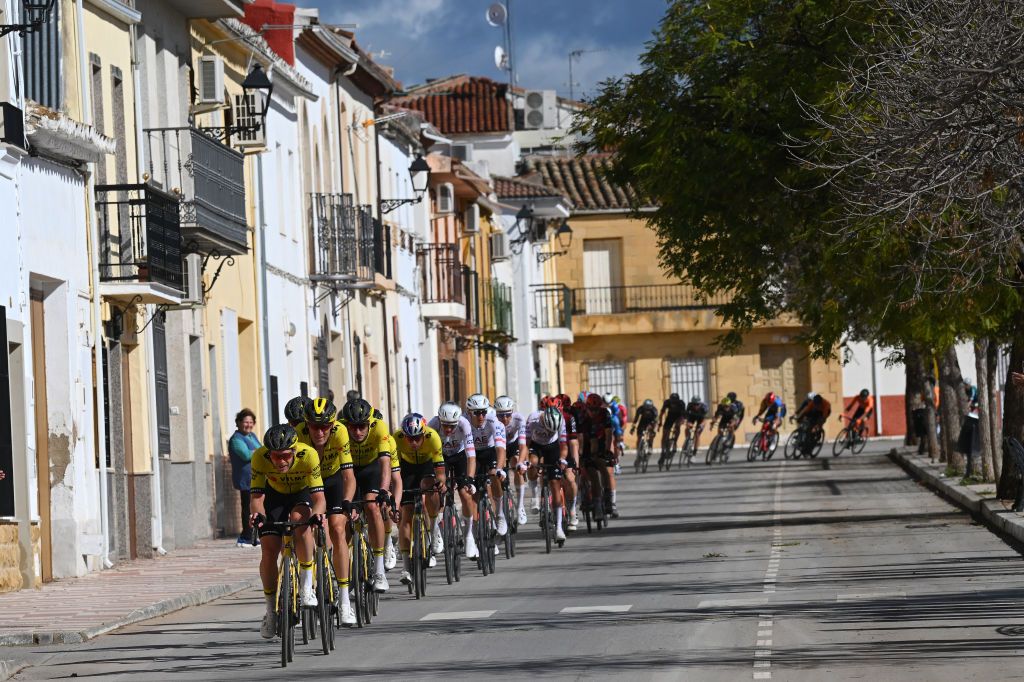 UBEDA SPAIN FEBRUARY 12 A general view of the peloton passing through the intermediate sprint during the 3rd Clasica Jaen Paraiso Interior 2024 a 1583km one day race from Baeza to Ubeda on February 12 2024 in Ubeda Spain Photo by Tim de WaeleGetty Images