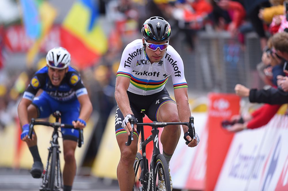 Peter Sagan crosses the line to win stage 2 of the Tour de France