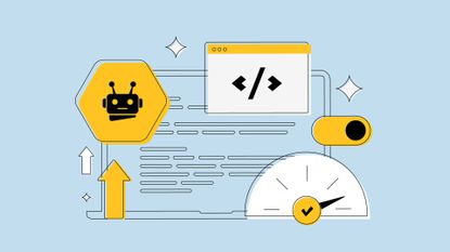 A stylized graphic showing the outline of a laptop with web browser, overlaid with yellow stickers depicting an AI agent, a coding window, a dial, and a switch, to represent AI browsers, on a light blue background.