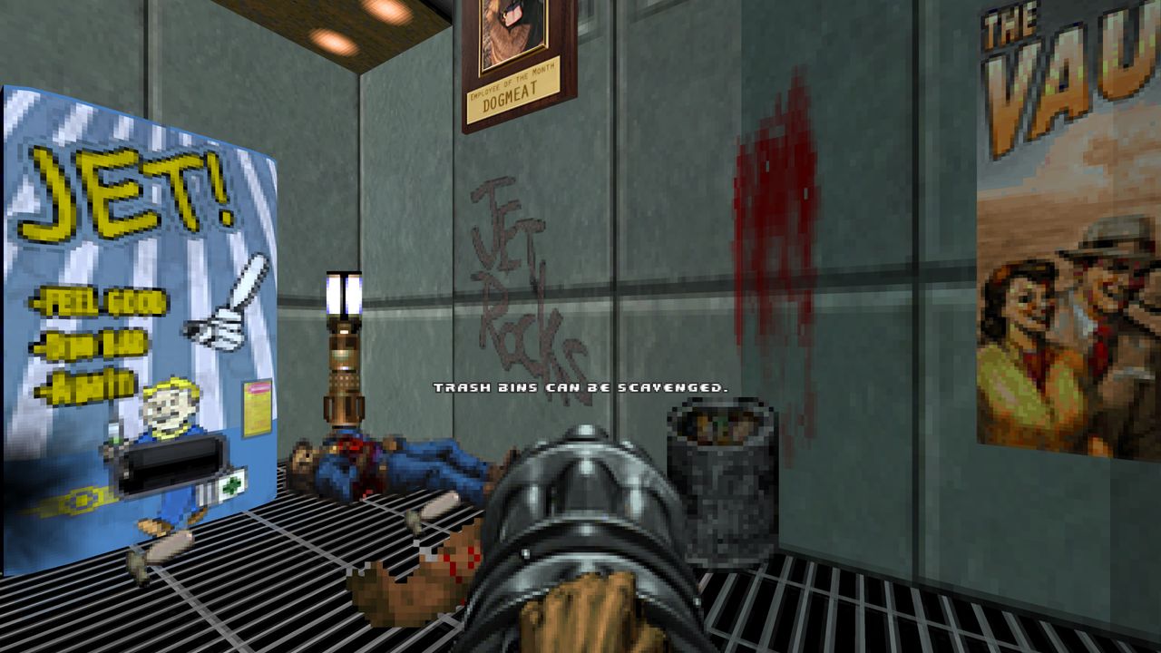 Doom Fallout mod screenshot showing vending machine and graffiti advertising jet