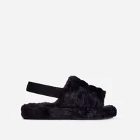 Boo Fluffy Stripe Slipper In Black Faux Fur Now £9.99 Was £29.99 