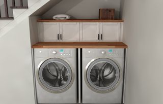small utility room ideas - washing machine and tumble dryer under stairs - Inspired Kitchen Design
