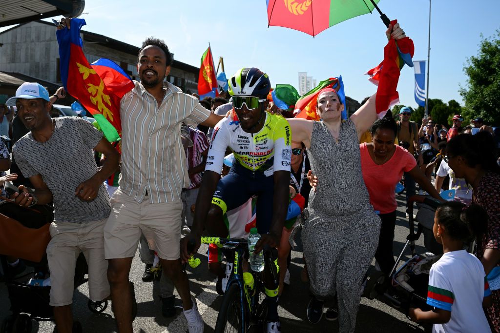 NOTTWIL SWITZERLAND JUNE 12 EDITORS NOTE Alternate crop Stage winner Biniam Girmay of Eritrea and Team IntermarchCircusWanty reacts after the 86th Tour de Suisse 2023 Stage 2 a 1737km stage from Beromnster to Nottwil UCIWT on June 12 2023 in Nottwil Switzerland Photo by Dario BelingheriGetty Images