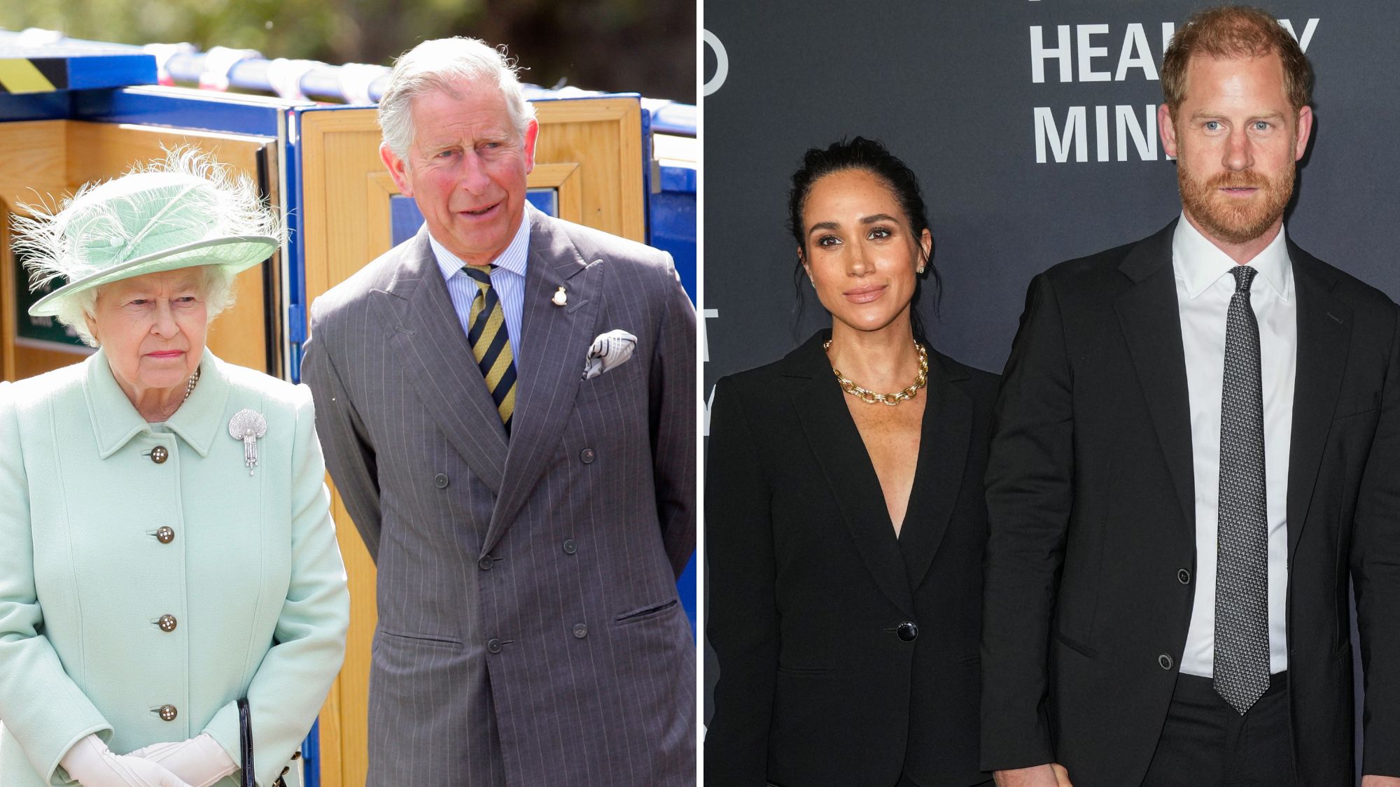 A composite of a picture of Queen Elizabeth and King Charles in 2012 and a picture of Prince Harry and Meghan at the Project Healthy Minds 3rd Annual Gala in 2026