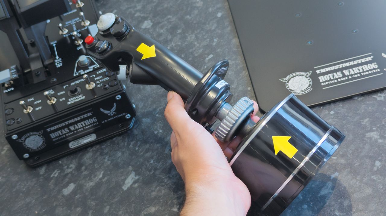 Thrustmaster HOTAS WARTHOG MK II flight stick assembled with yellow directional arrows