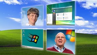 Windows 10 Logo with Windows Vista background image and inset photos of Steve Ballmer, Windows 95 and Bill Gates