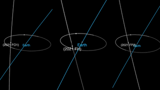 These three orbit diagrams show the paths of the near-Earth asteroid 2021 FO1, 2021 FH and 2021 FP2, which are making close approaches to Earth on March 23, 2021.