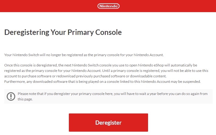 Screenshot showing how you deregister your primary Switch on the Nintendo website