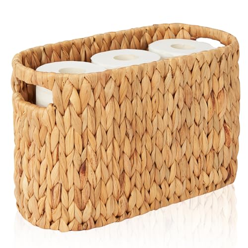 Fairyhaus Wicker Toilet Paper Storage Basket With Buit-In Handles, 6 Rolls Natural Water Hyacinth Toilet Paper Holder Stand With Storage, Freestanding Handwoven Toilet Paper Holder Basket for Bathroom
