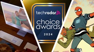 An m4 iMac on a desk, Spider-Man swings in to save a civilian, and the TechRadar Choice Awards 2024 logo next to each other.