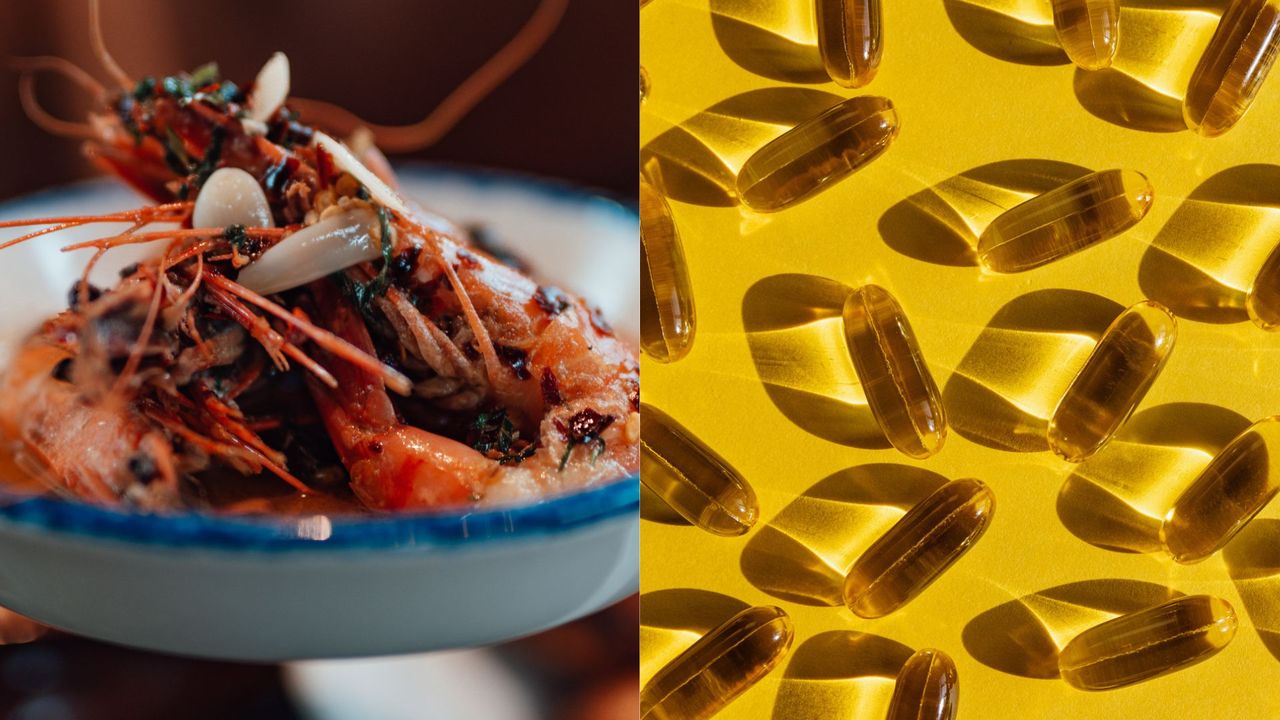 Plate of prawns with shells on next to collection of omega-3 supplements