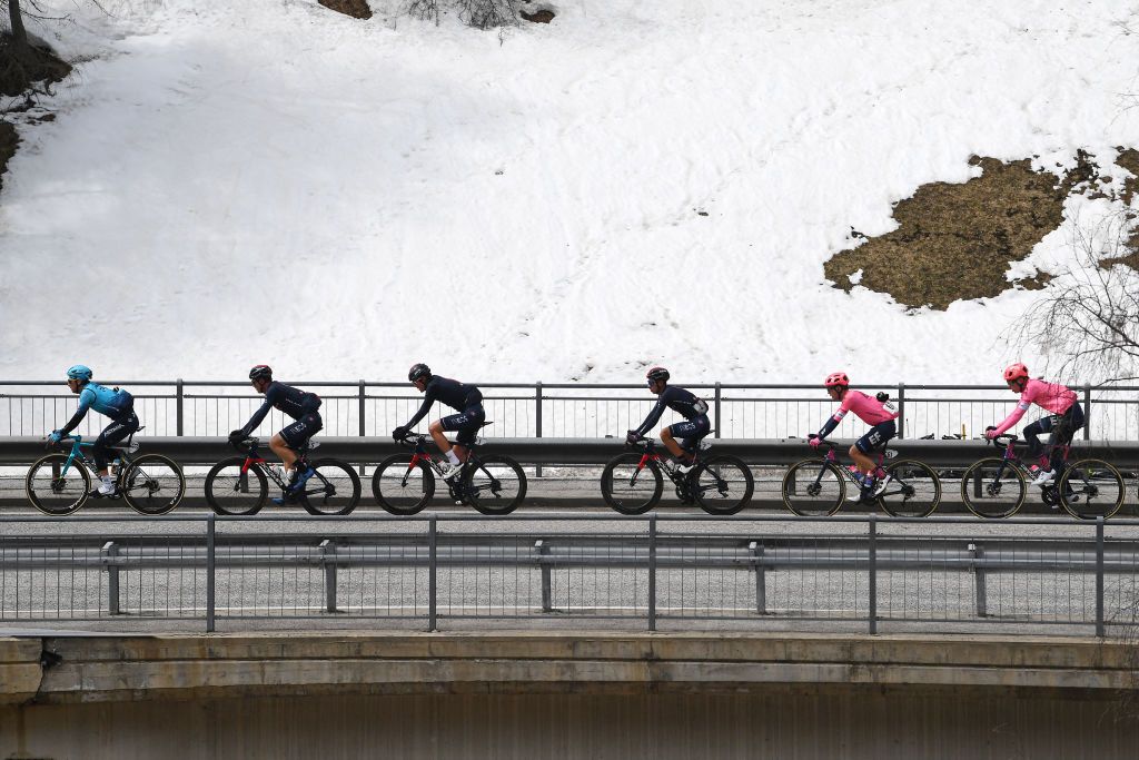 INNSBRUCK AUSTRIA APRIL 19 Fabio Felline of Italy and Team Astana Premier Tech Salvatore Puccio of Italy and Team INEOS Grenadiers Pavel Sivakov of Russia and Team INEOS Grenadiers Sebastian Henao Gomez of Colombia and Team INEOS Grenadiers William Barta of United States and Team EF Education Nippo during the 44th Tour of the Alps 2021 Stage 1 a 1406km stage from Brixen to Innsbruck Snow TourofTheAlps TouroftheAlps on April 19 2021 in Innsbruck Austria Photo by Tim de WaeleGetty Images