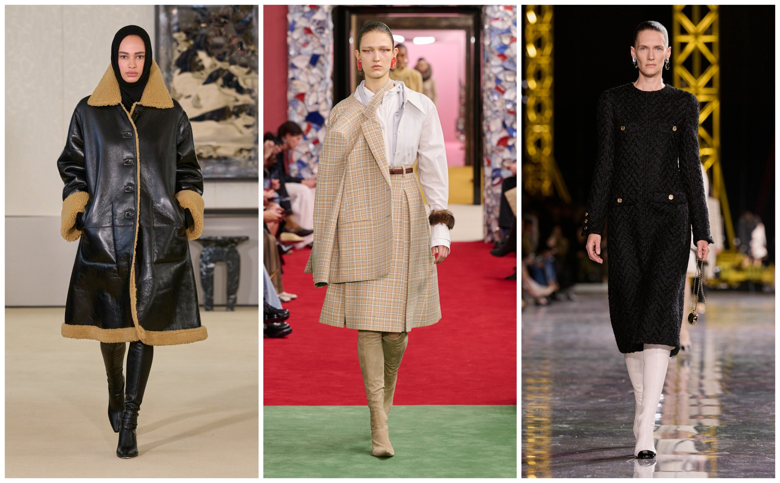 collage of skintight boots on the fall 2026 runways of altuzarra, acne studios, and chanel