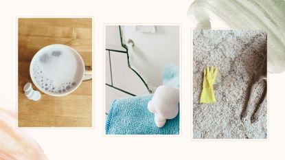 Compilation image of the best viral cleaning hacks that work showing denture tablets removing coffee stains in a mug, shaving foam on a bathroom mirror and a rubber glove to remove pet hair