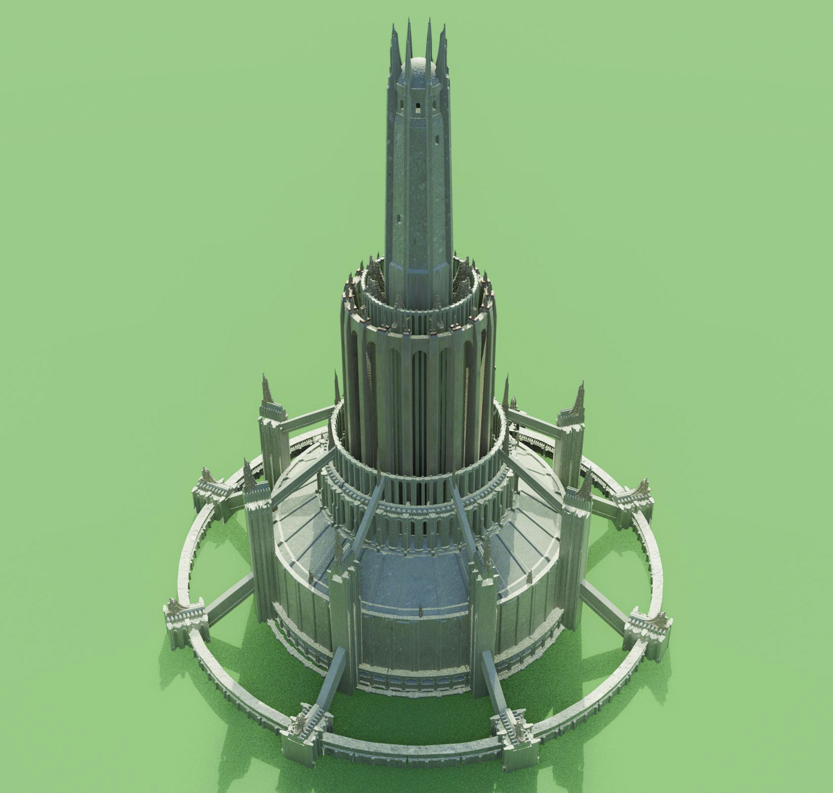 A 3D model of a fantasy castle and tower