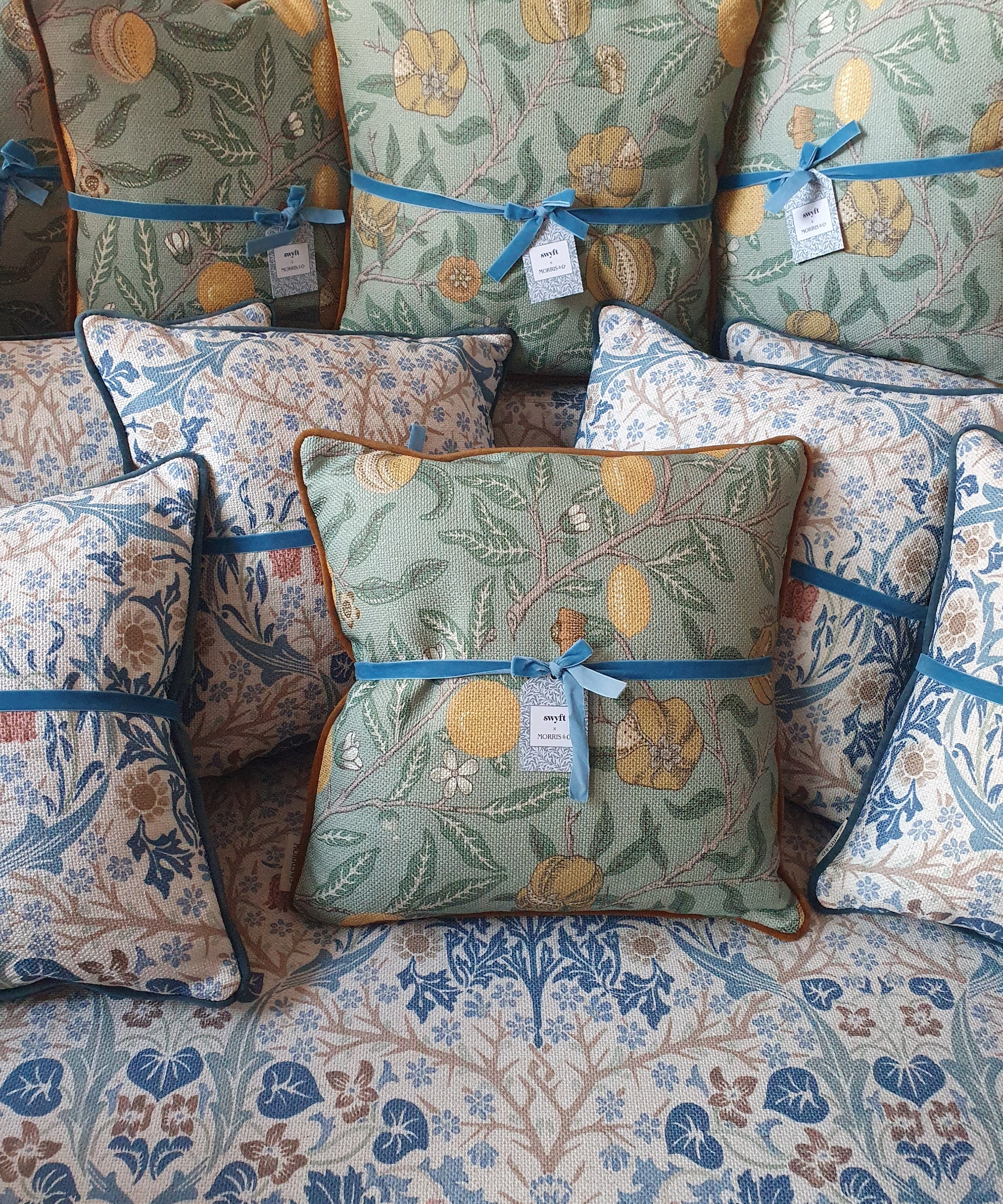 Swyft x Morris & Co. cushions in the Fruit and Blackthorn prints at the press preview of the collection