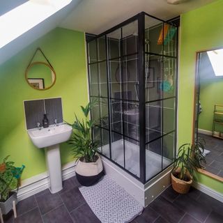 Bathroom with green walls, sink and mirror, shower, grey rug and pot plants