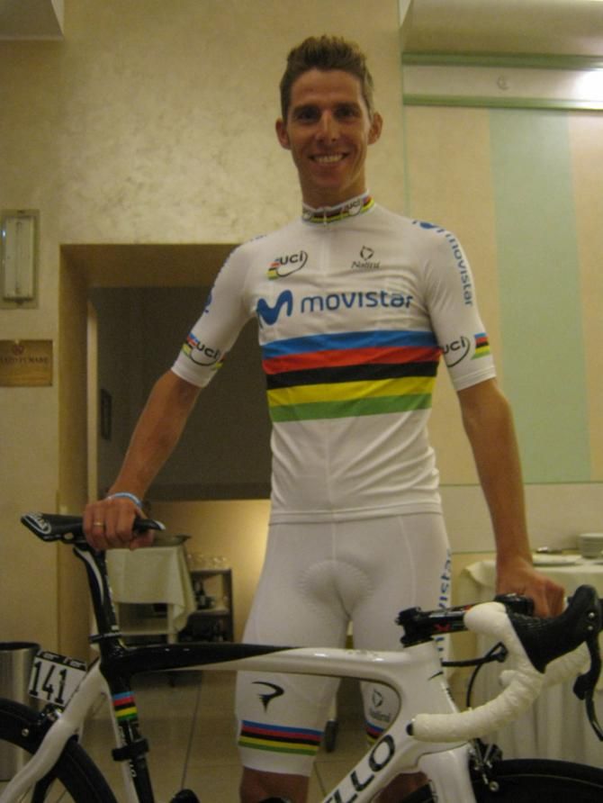 Rui Costa (Movistar) shows off his rainbow kit and custom-painted Pinarello on the eve of Il Lombardia