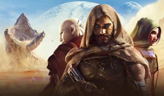 Dune Awakening characters with a sandworm in the background