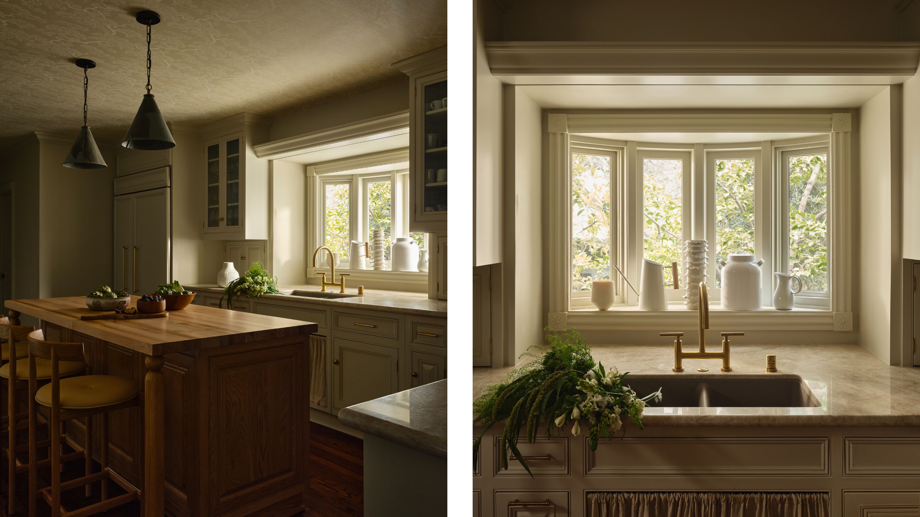 two side by side images of a warm neutral kitchen with wooden island and wallpapered ceiling