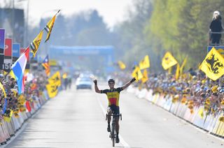 Belgian champion Philippe Gilbert (Quick-Step Floors) celebrates his first Tour of Flanders win
