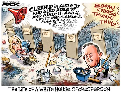 Political Cartoon U.S. White House spokesperson Kellyanne Conway Sean Spicer clean up after Trump