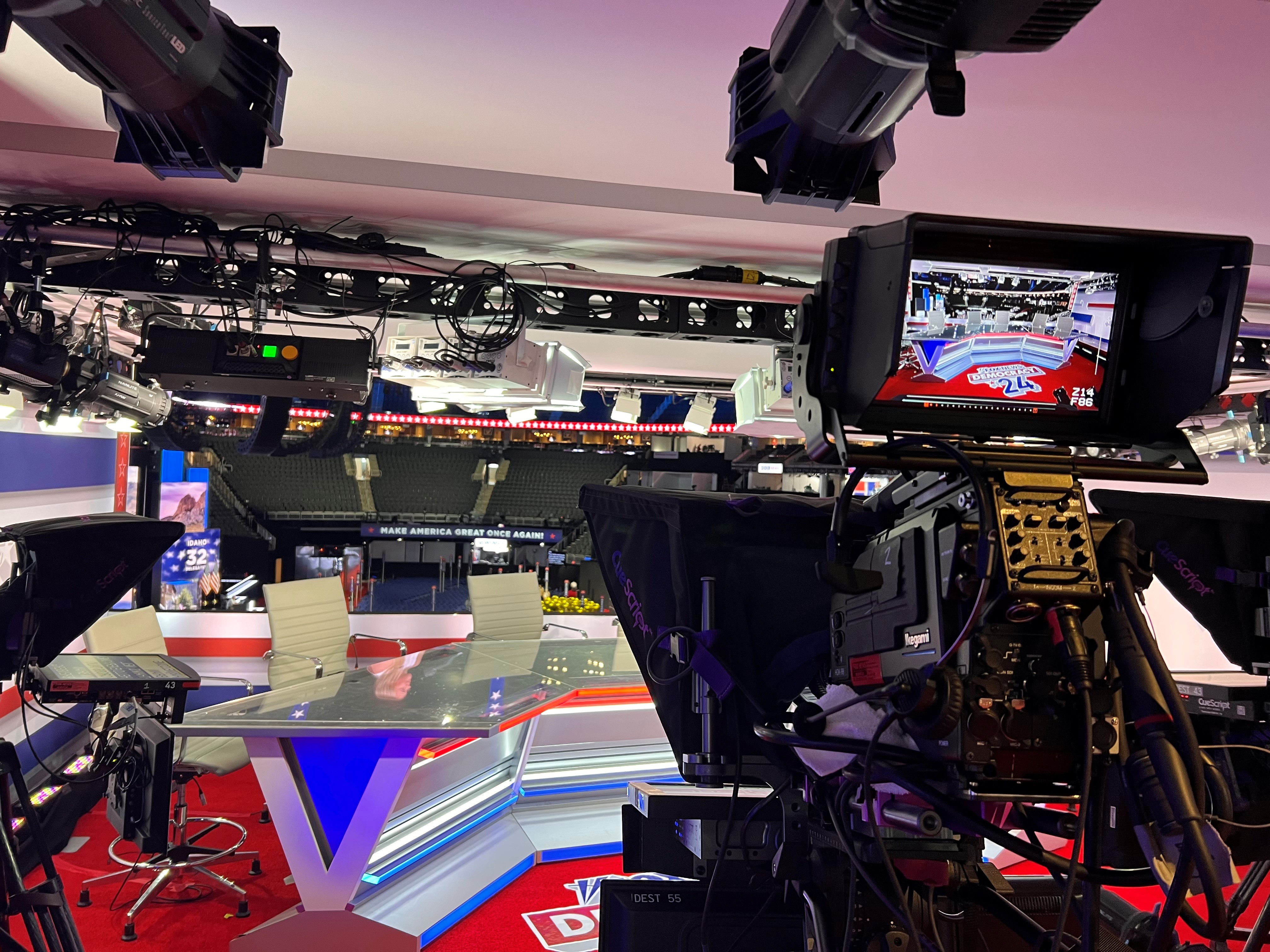 Fox News Media anchor set with robotic cameras inside the Fiserv Forum at the 2024 RNC