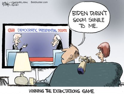 Political Cartoon U.S. 2020 elections debates Sanders Biden wins expectations