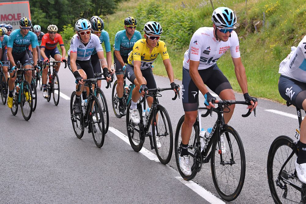 Michal Kwiatkowski (Team Sky) in the yellow jersey and teammate Geraint Thomas at Criterium du Dauphine