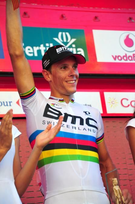 A happy Philippe Gilbert (BMC) on the podium after winning stage 12 at the Vuelta a Espana
