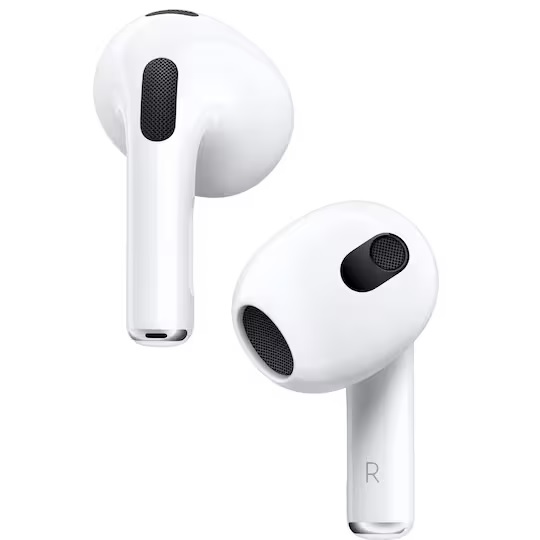 To AirPods 3 mot hvit bakgrunn