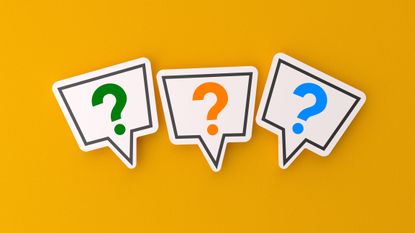 three multi-colored question marks in speech bubbles against a bright orange background