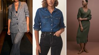 three models wearing different outfits from Next including a long khaki knitted dress, a grey blazer and a blue denim shirt