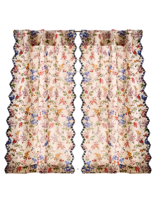 Alina Cotton Printed Embroidered Scalloped Cafe Curtain, Set of 2