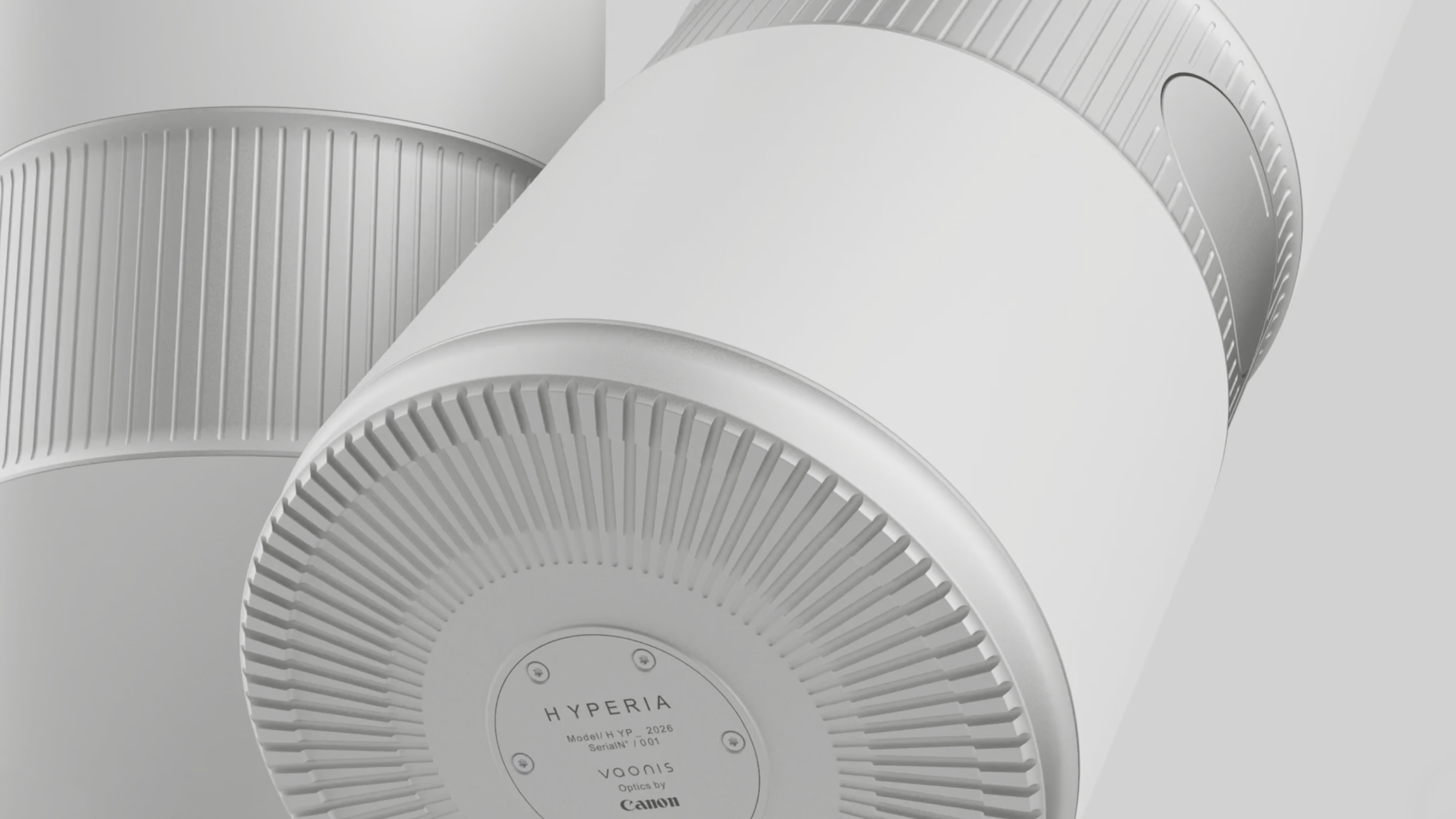 A sleek, modern white telescope mounted on a cylindrical base, angled slightly upward against a neutral background