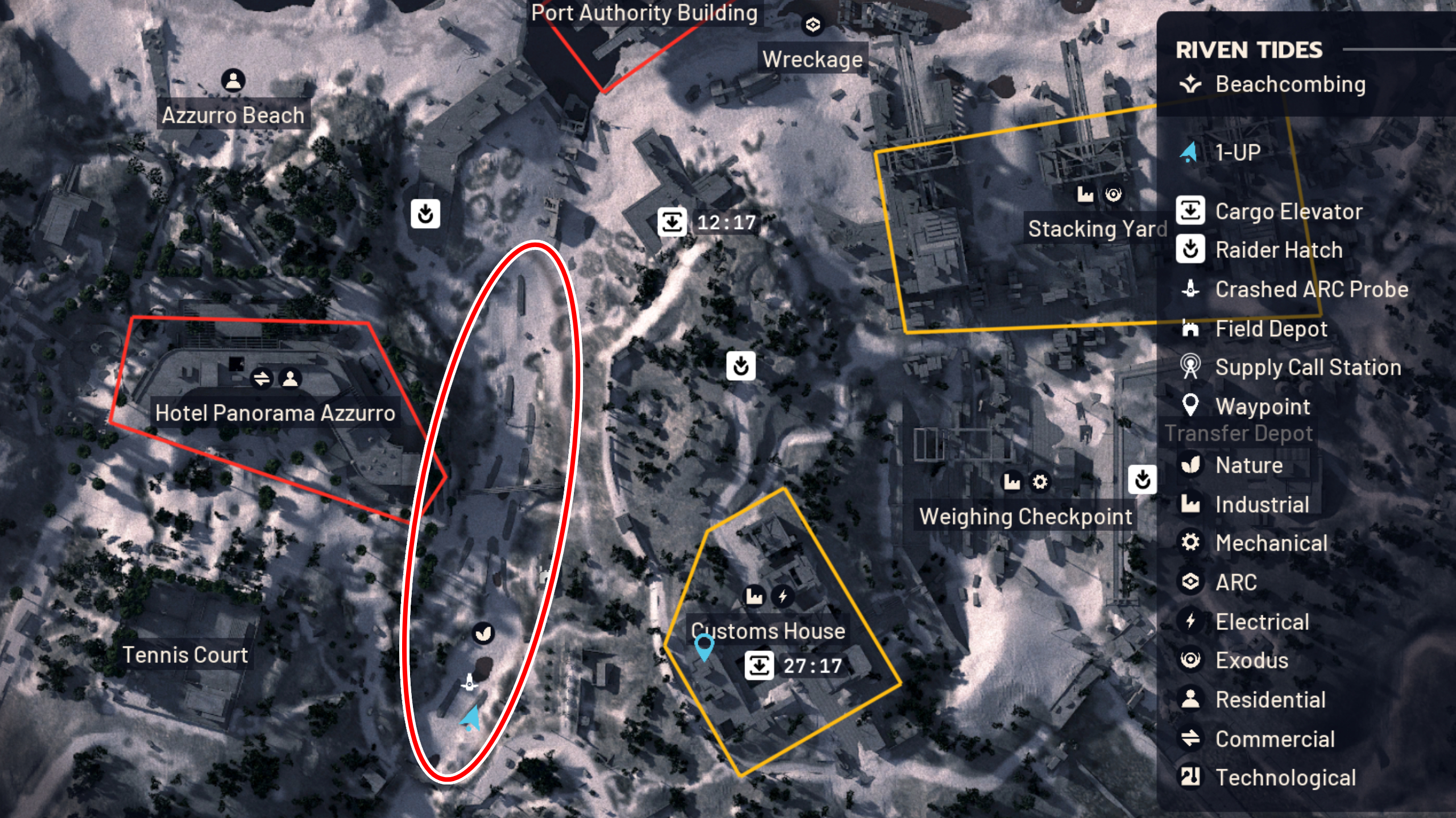 Arc Raides Moss location: A map of Riven Tides with a large red oval covering the Dried Riverbed loading to the Port Authority Building.