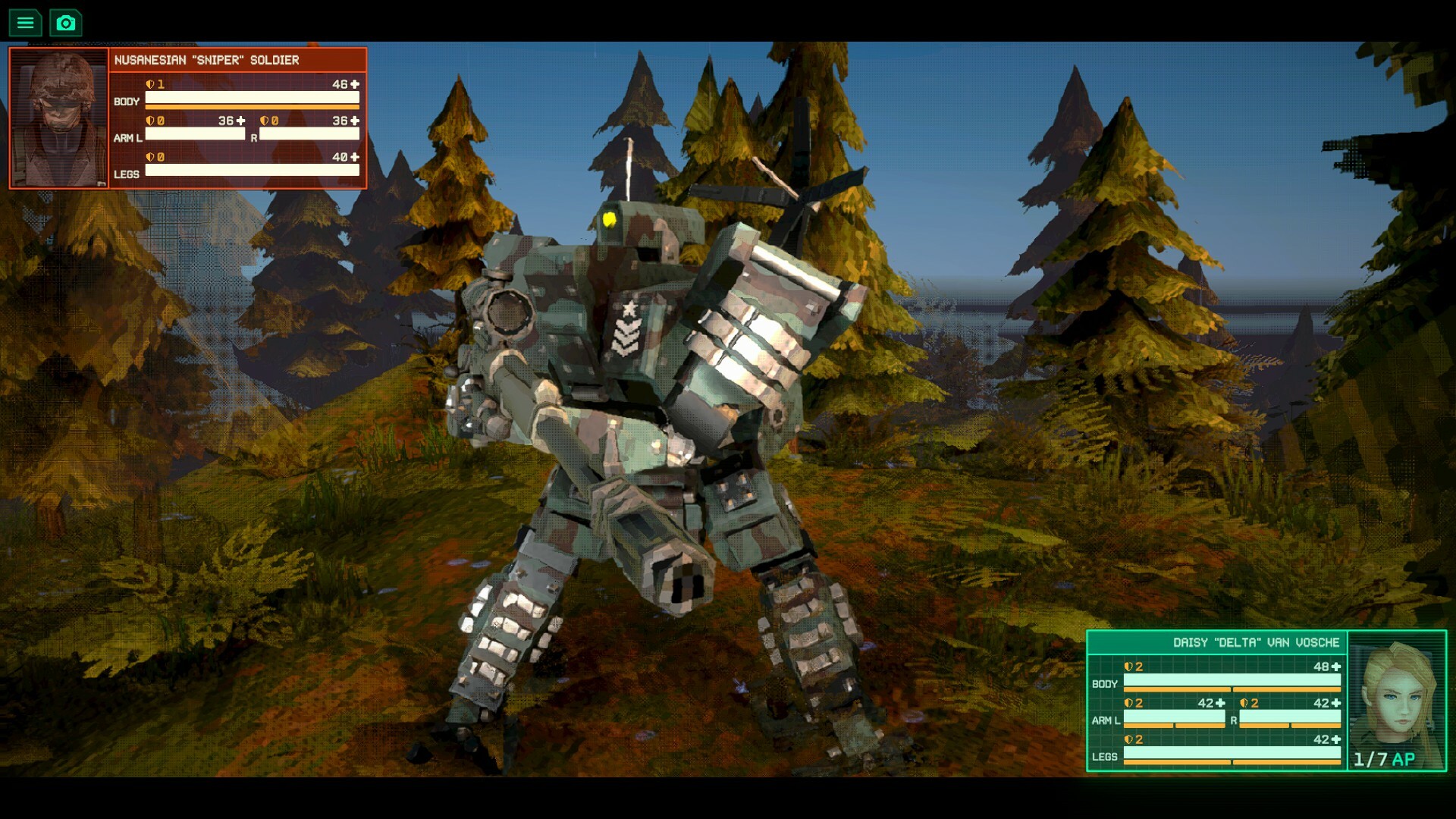 A grey mech standing in a forest field pointing a gun at the camera. PS1-2 style art