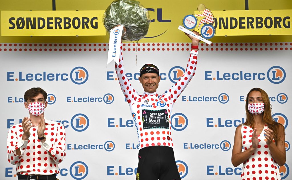 EF EducationEasypost teams Danish rider Magnus Cort Nielsen celebrates with the climbers dotted jersey on the podium after the 3rd stage of the 109th edition of the Tour de France cycling race 182 km between Vejle and Sonderborg in Denmark on July 3 2022 Photo by AnneChristine POUJOULAT AFP Photo by ANNECHRISTINE POUJOULATAFP via Getty Images
