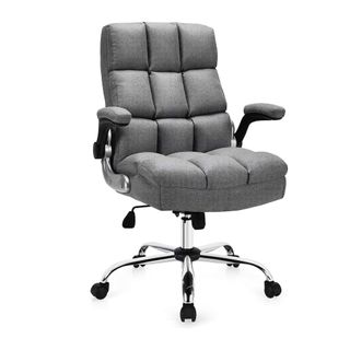 A dark grey office chair with large cushioning
