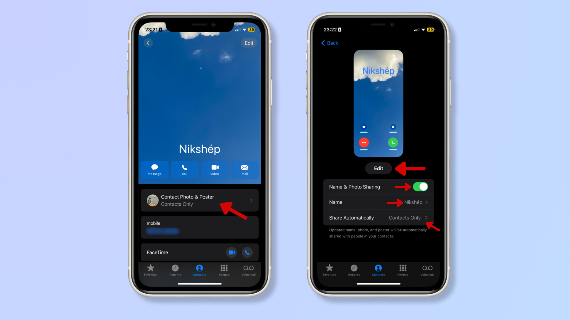 The first screenshot shows the Contact Card on iPhone with a red arrow pointing at Contact Photo & Poster. The second screenshot shows the Contact Card menu with red arrows pointing at Edit, Name & Photo Sharing, Name, and Share Automatically. 