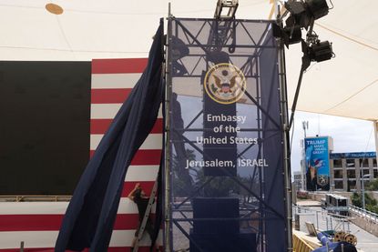 Israeli workers set the stage for the opening of the U.S. embassy in Jerusalem.