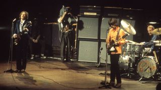 NOVEMBER 26: ROYAL ALBERT HALL Photo of CREAM, L-R: Jack Bruce, John Peel (sitting on chair in shadows), Eric Clapton, Ginger Baker performing live onstage at farewell concert, with Marshall amplifiers