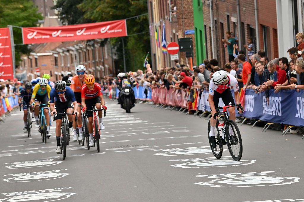 Swiss Mauro Schmid pictured in action during the men U23 road race on the sixth day of the UCI World Championships Road Cycling Flanders 2021 16090km from Antwerp to Leuven on Friday 24 September 2021 The Worlds take place from 19 to 26 September 2021 in several cities in Flanders Belgium BELGA PHOTO DIRK WAEM Photo by DIRK WAEMBELGA MAGAFP via Getty Images