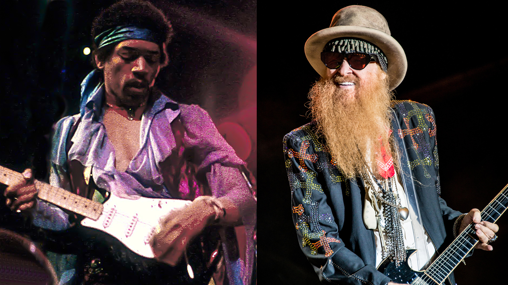 LEFT: Jimi Hendrix at Electric Lady Studios, in New York CIty, August 14, 1970. RIGHT: Billy Gibbons onstage, July 29, 2017