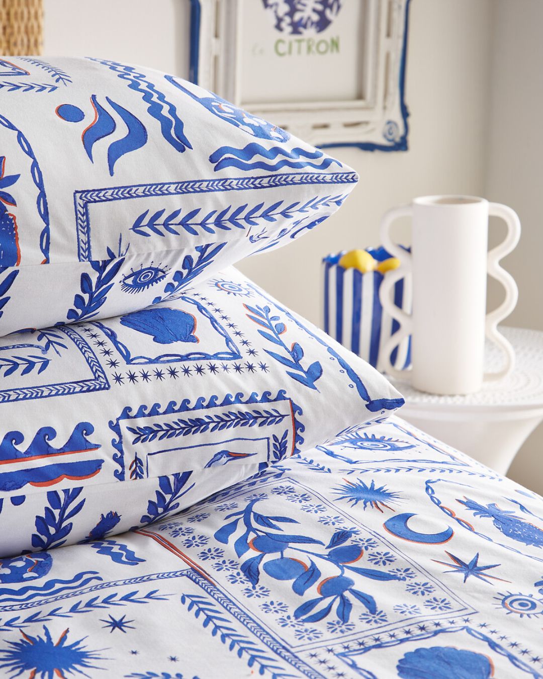La Redoute Frieze Duvet Cover and Pillowcase Set in white and blue.